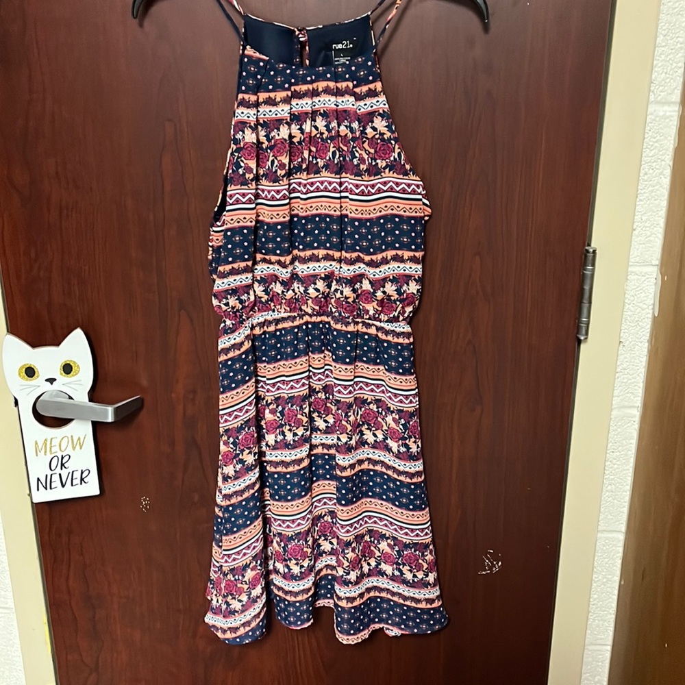 Rue 21 dress. Navy blue, peach and dark pink dress. Size: L